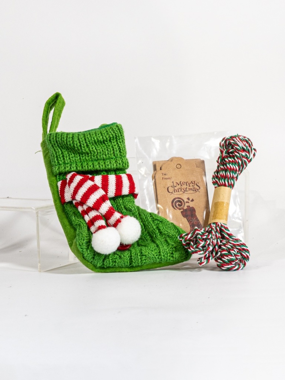 Mini Holiday Knit Stocking, set of 11 with tags and string.